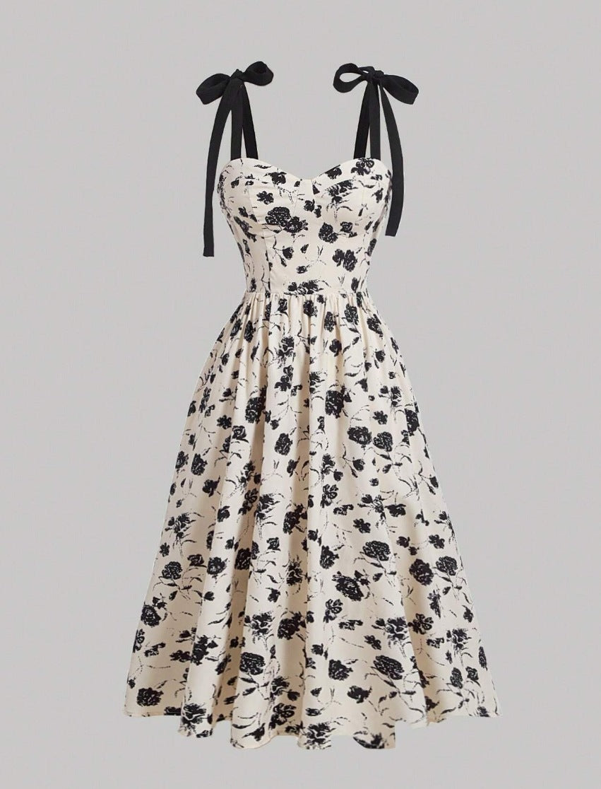 Women's Lace-Up Shoulder Floral A-Line Dress