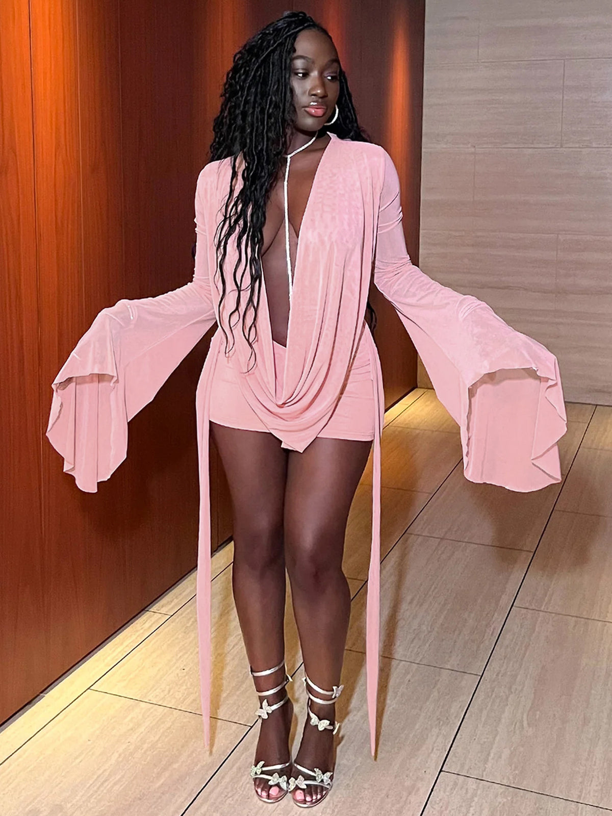 Women's Mesh Deep V-Neck Open Back Bodycon Dress
