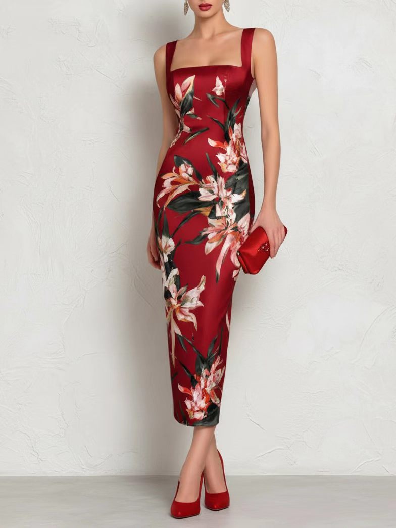 Women's Strapless Floral Bodycon Dress with Back Zipper