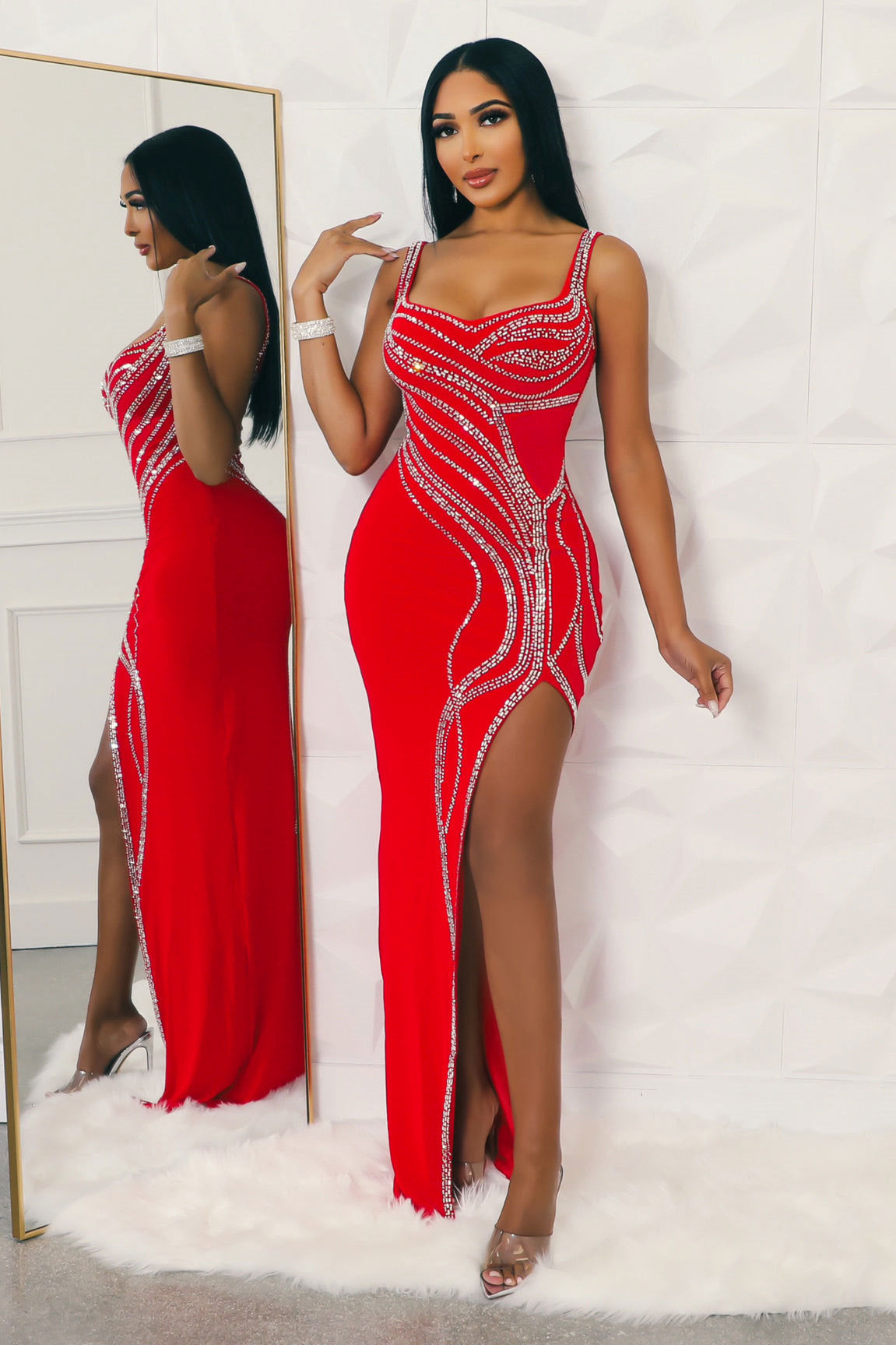 Women's Diamond Detail Slit Elastic Bodycon Dress