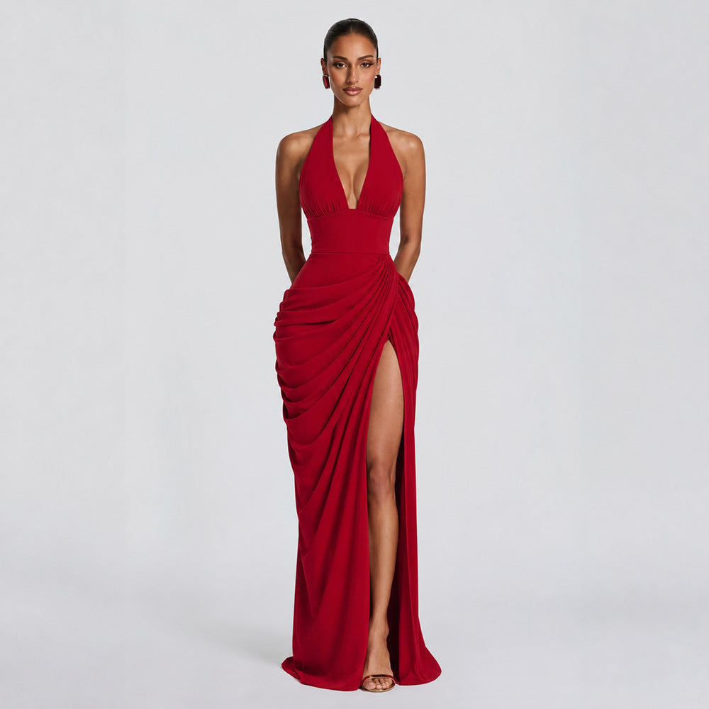 Women's Halter V-Neck Pleated Bodycon Dress