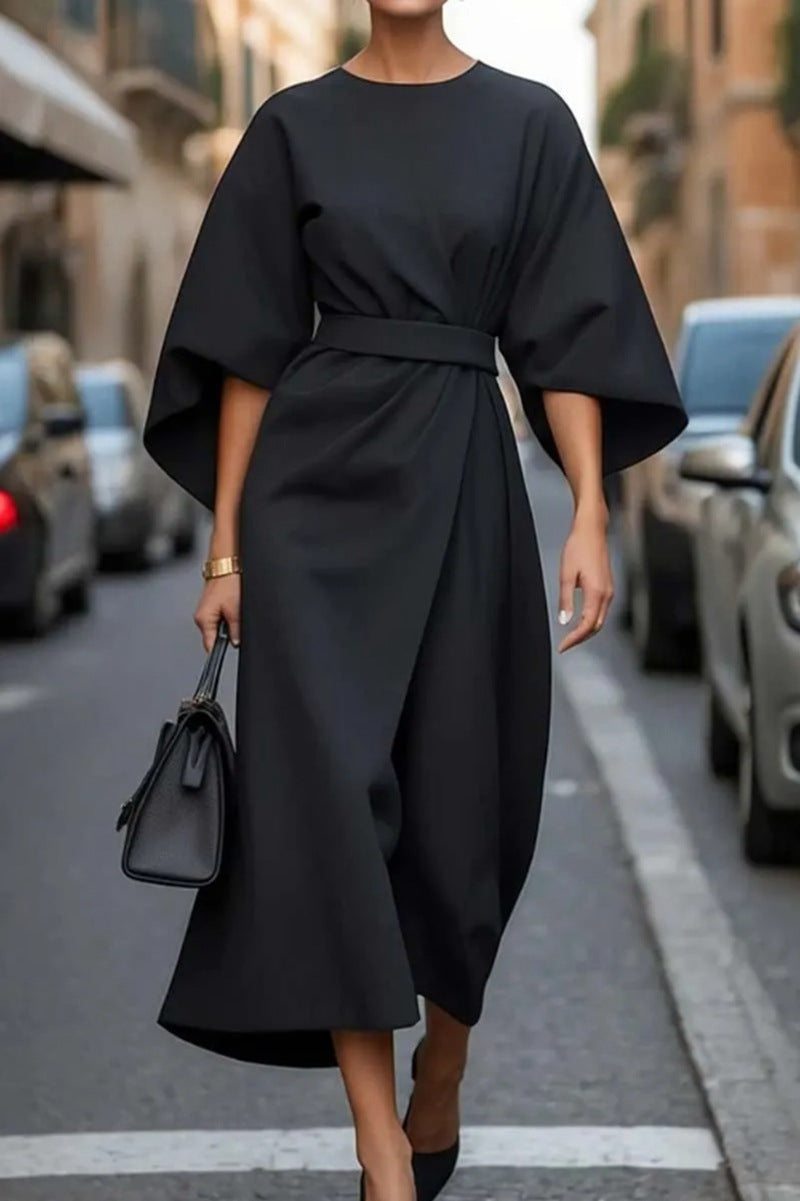 Women's Elegant Solid Color Waist-Cinching Batwing Sleeve Long Dress