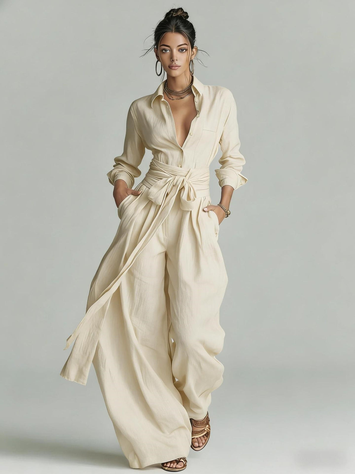 Women's Lapel Collar Belted Wide-Leg Jumpsuit