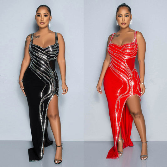 Women's Diamond Detail Slit Elastic Bodycon Dress