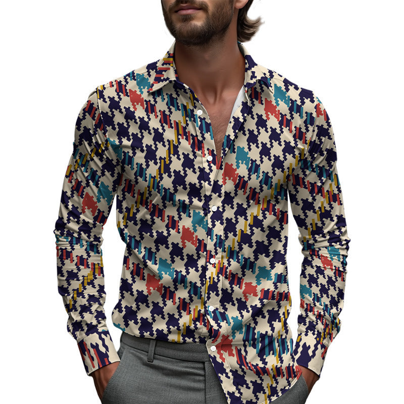 Men's Printed Long-Sleeve Lapel Collar Shirt