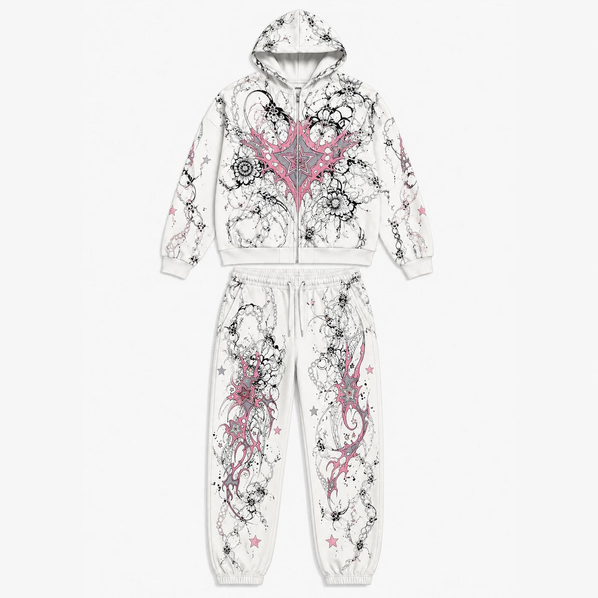 Print Hooded Zip Sweatshirt and Pants Set