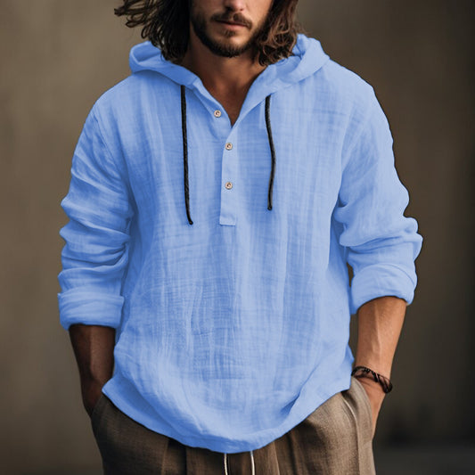 Men's Linen Long Sleeve Hooded Casual Shirt