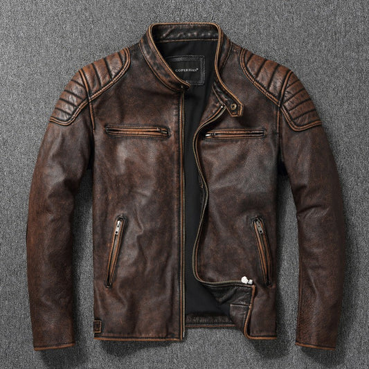 Men's Vintage PU Leather Jacket with Stand Collar