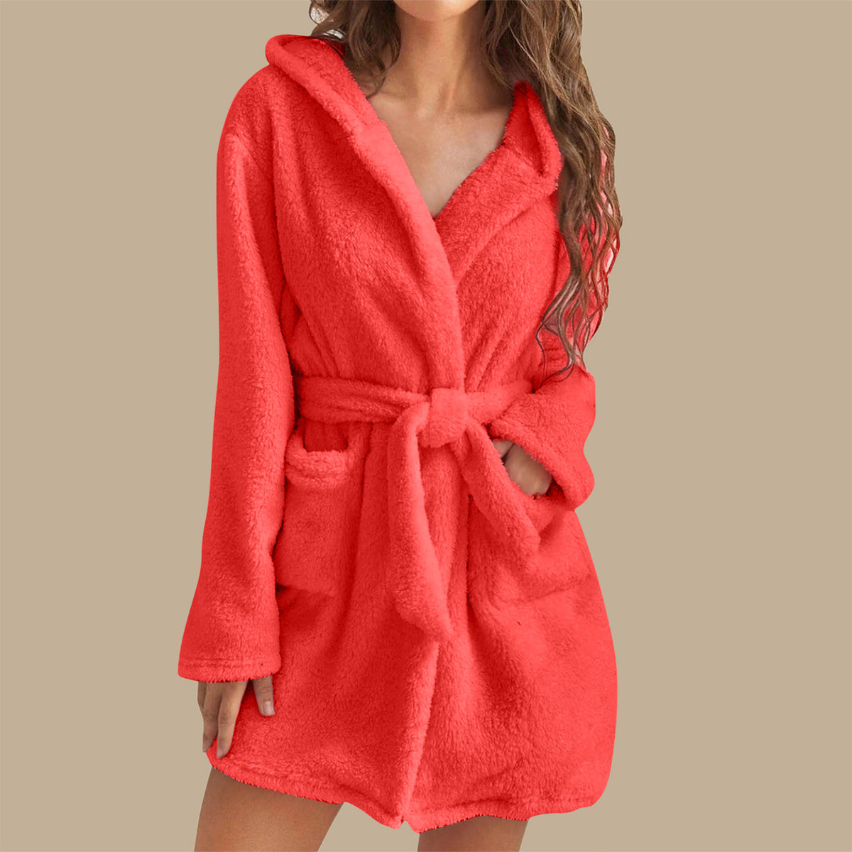 Women's Plush Hooded Bathrobe in Bright Red