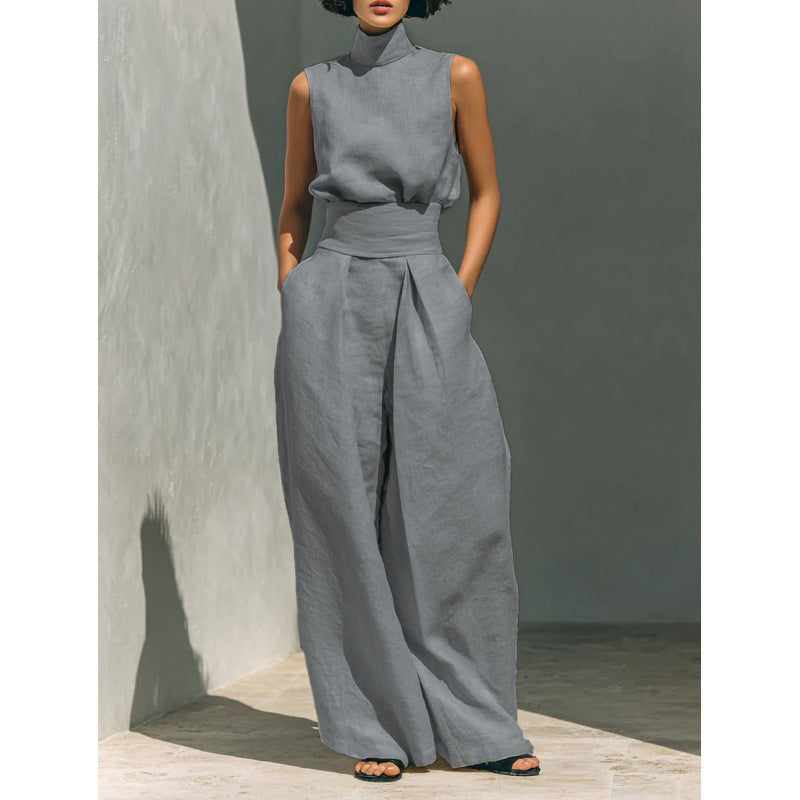 Women's Sleeveless High-Collar Cotton Linen Vest and Wide-Leg Pants Set
