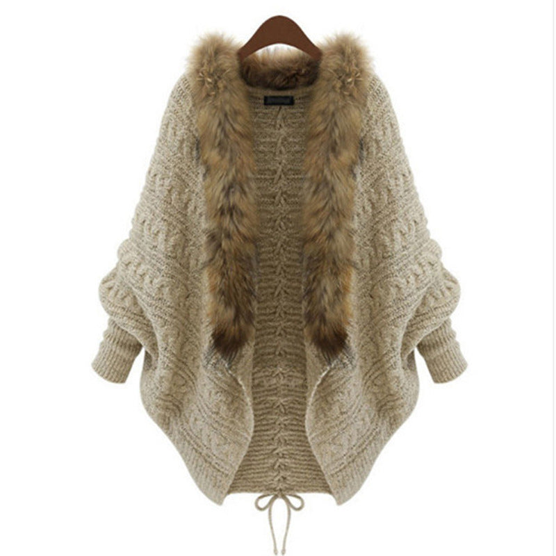 Fur-Collar Batwing Cardigan