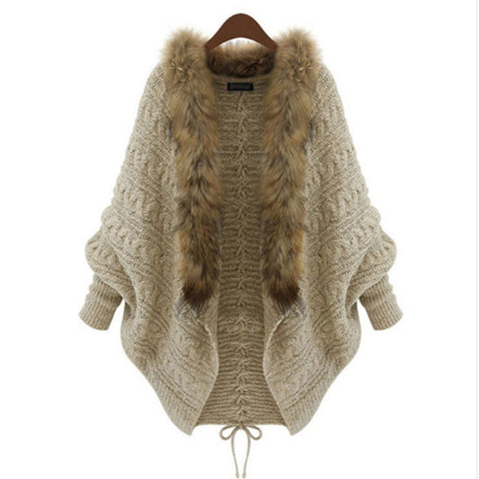 Fur-Collar Batwing Cardigan