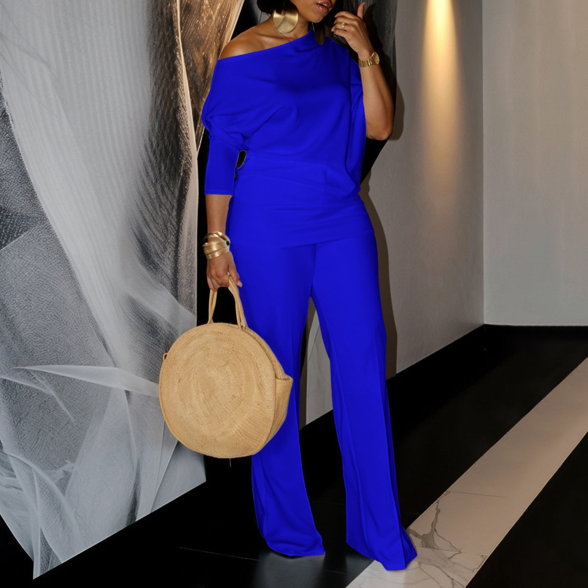 Women's Asymmetrical Neck Top and Wide-Leg Pants Set