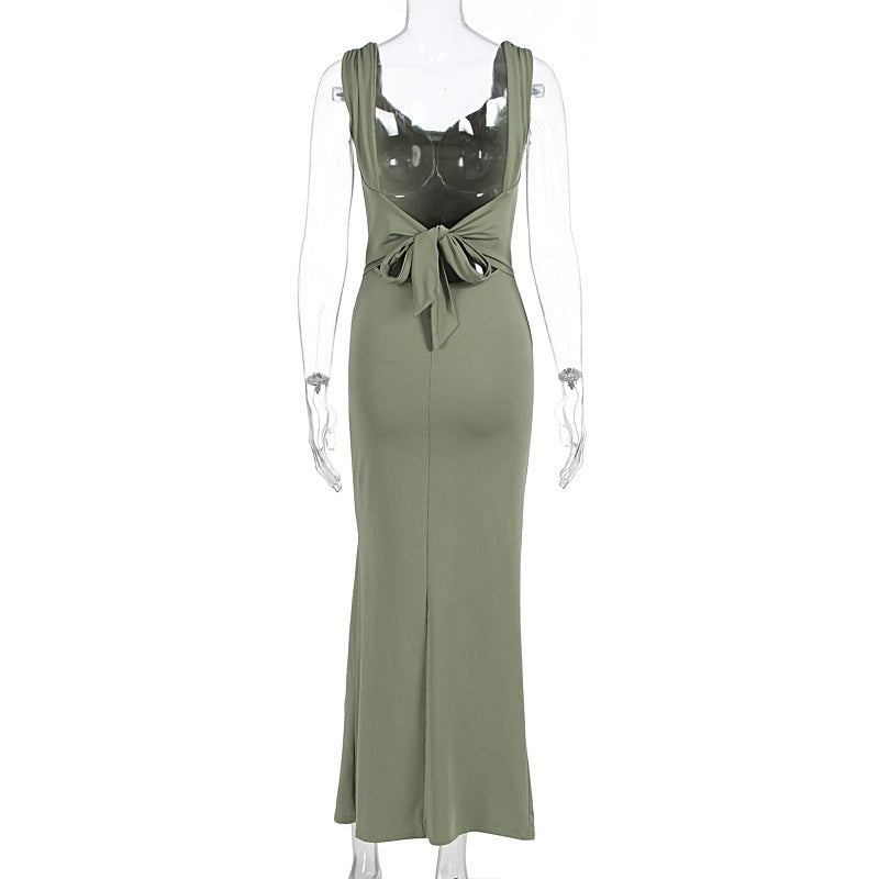 Women's Sleeveless Backless Lace-Up Dress with Side Slit