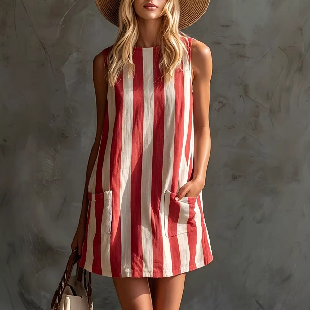 Women's Retro Striped Sleeveless Round Neck Tank Dress