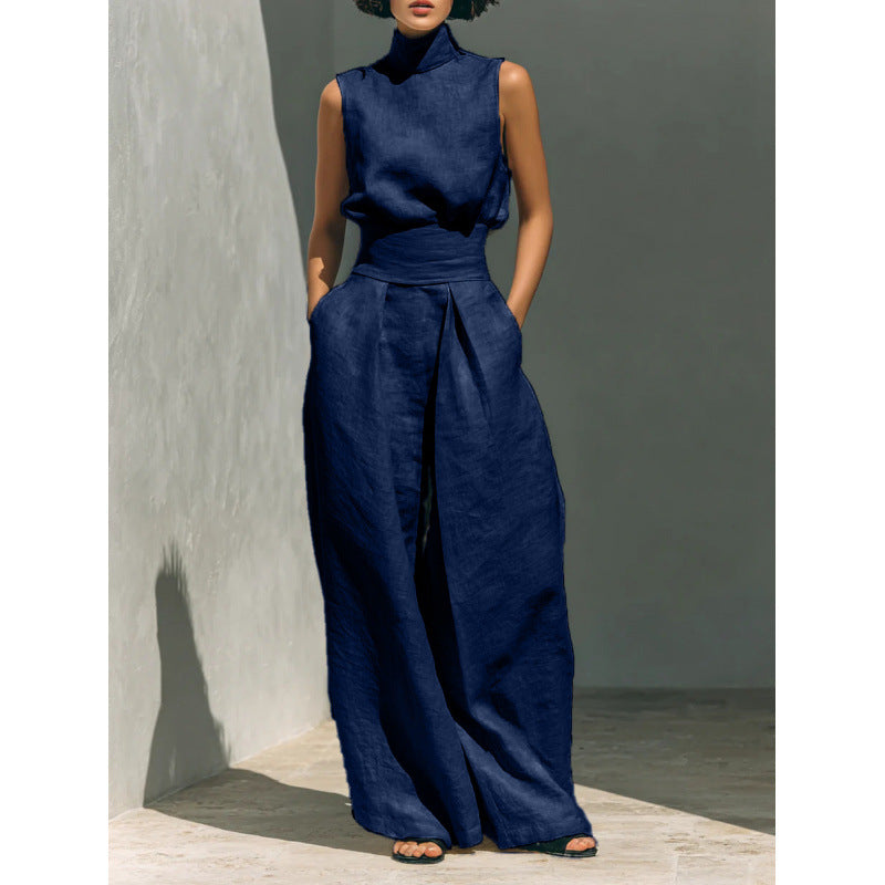 Women's Sleeveless High-Collar Cotton Linen Vest and Wide-Leg Pants Set