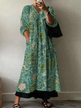 Women's Loose V Neck Long Sleeve Print Dress