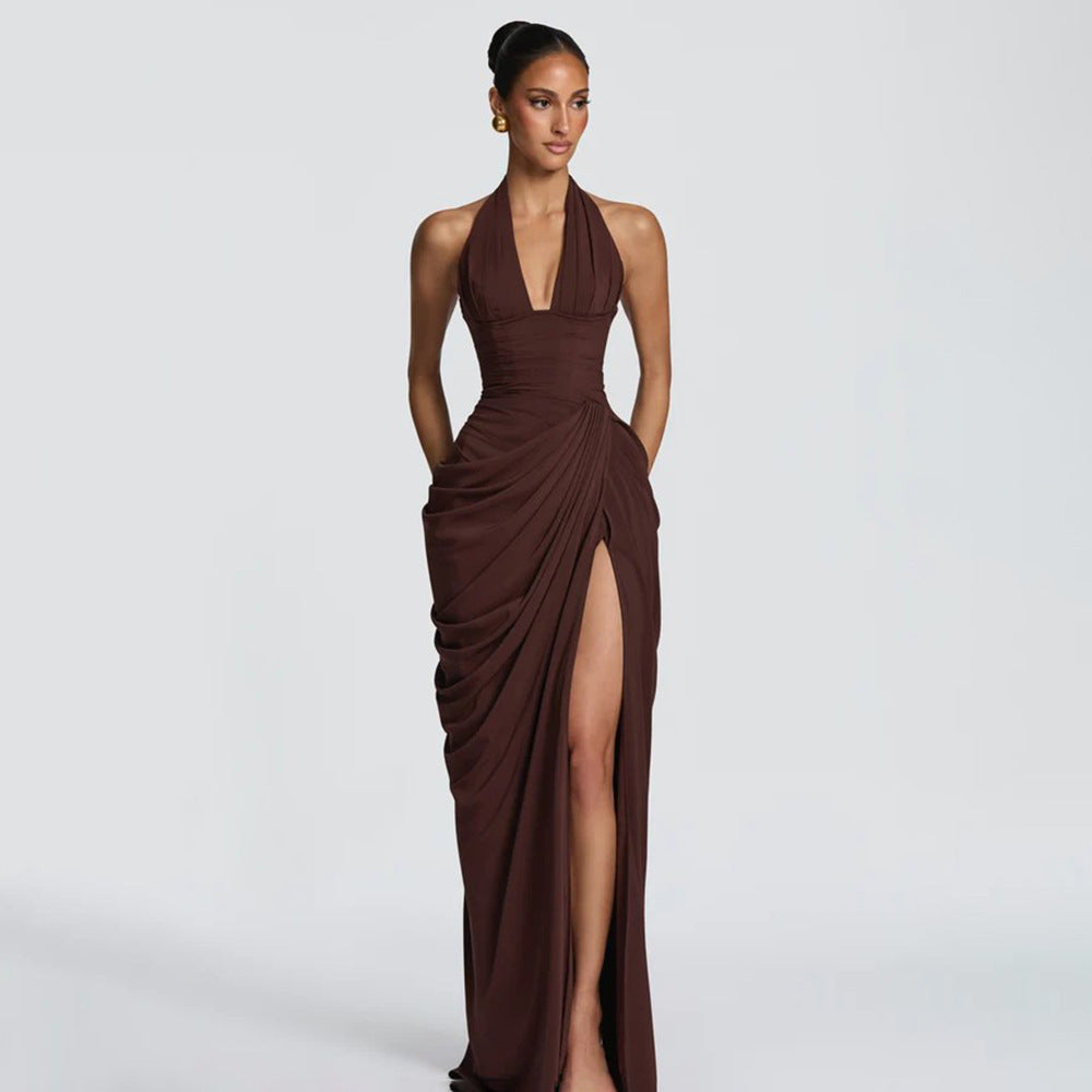 Women's Halter V-Neck Pleated Bodycon Dress