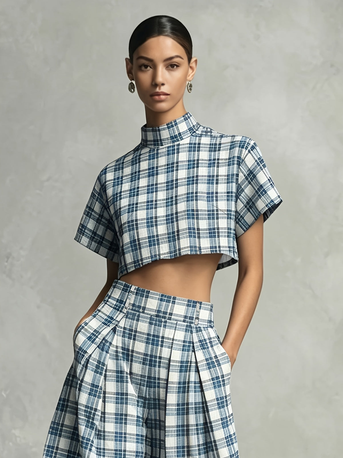 Women's Plaid Top and Wide-Leg Pants Set