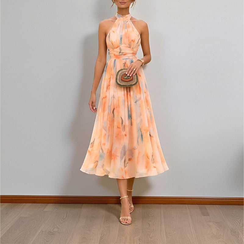 Women's Elegant Print Halter Neck Waist-Cinching Dress