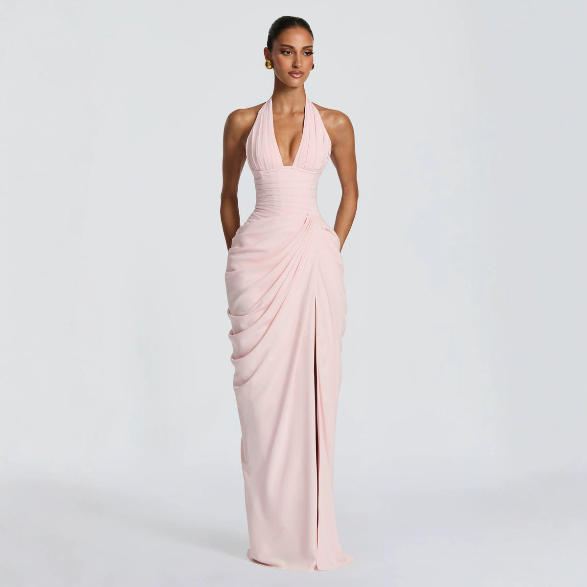 Women's Halter V-Neck Pleated Bodycon Dress