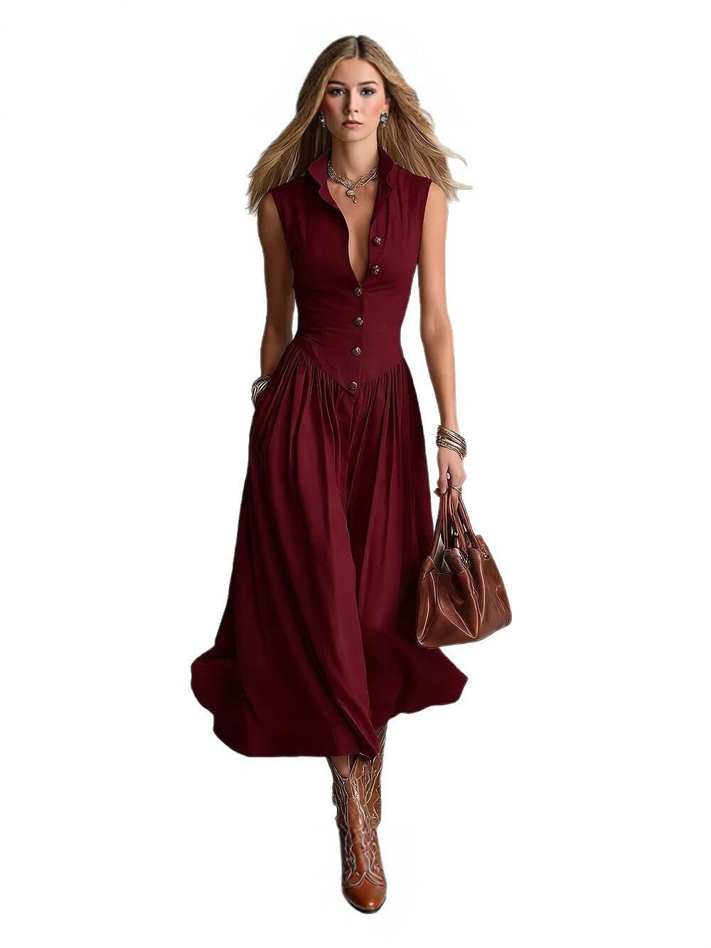 Women's Lapel Sleeveless Long Dress
