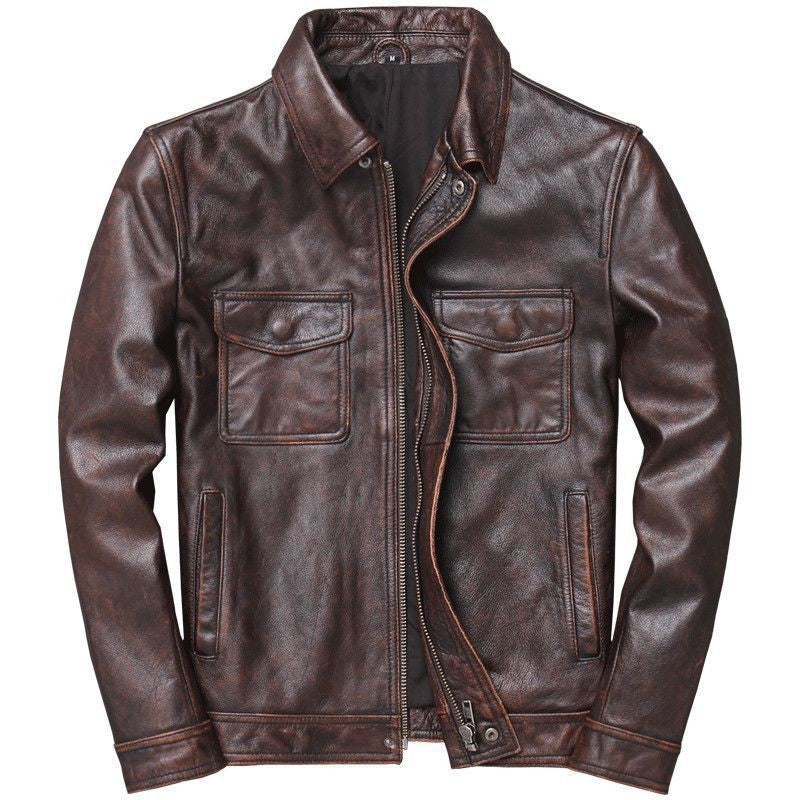 Men's Vintage PU Leather Jacket with Stand Collar
