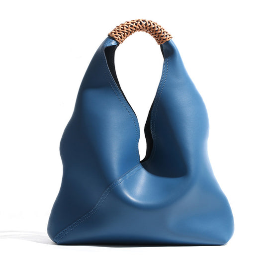 Genuine Leather Woven Bucket Bag in Blue