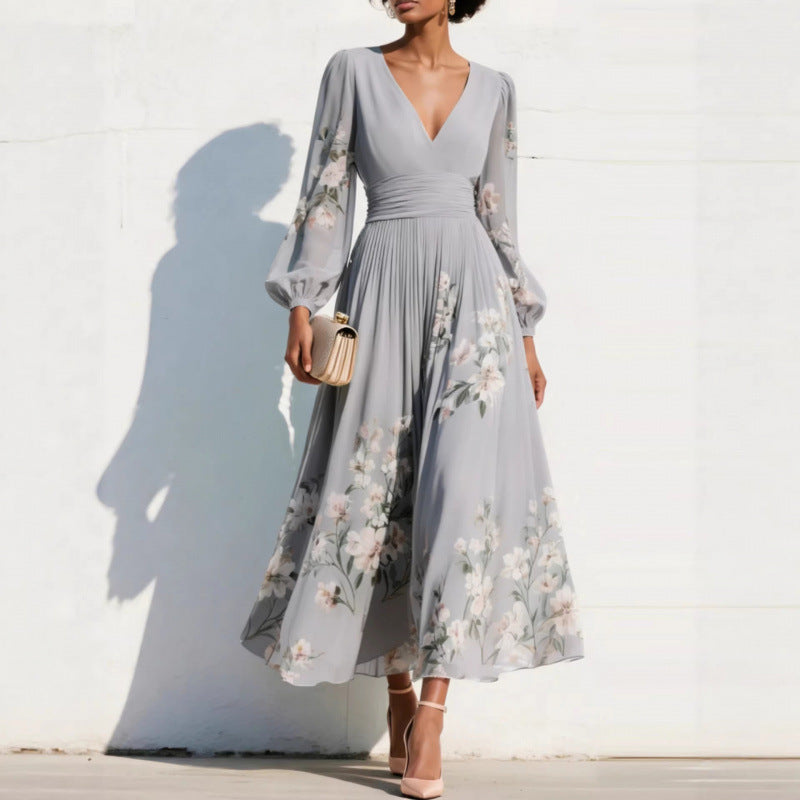 Women's Floral Print V-Neck Long Sleeve A-Line Maxi Dress