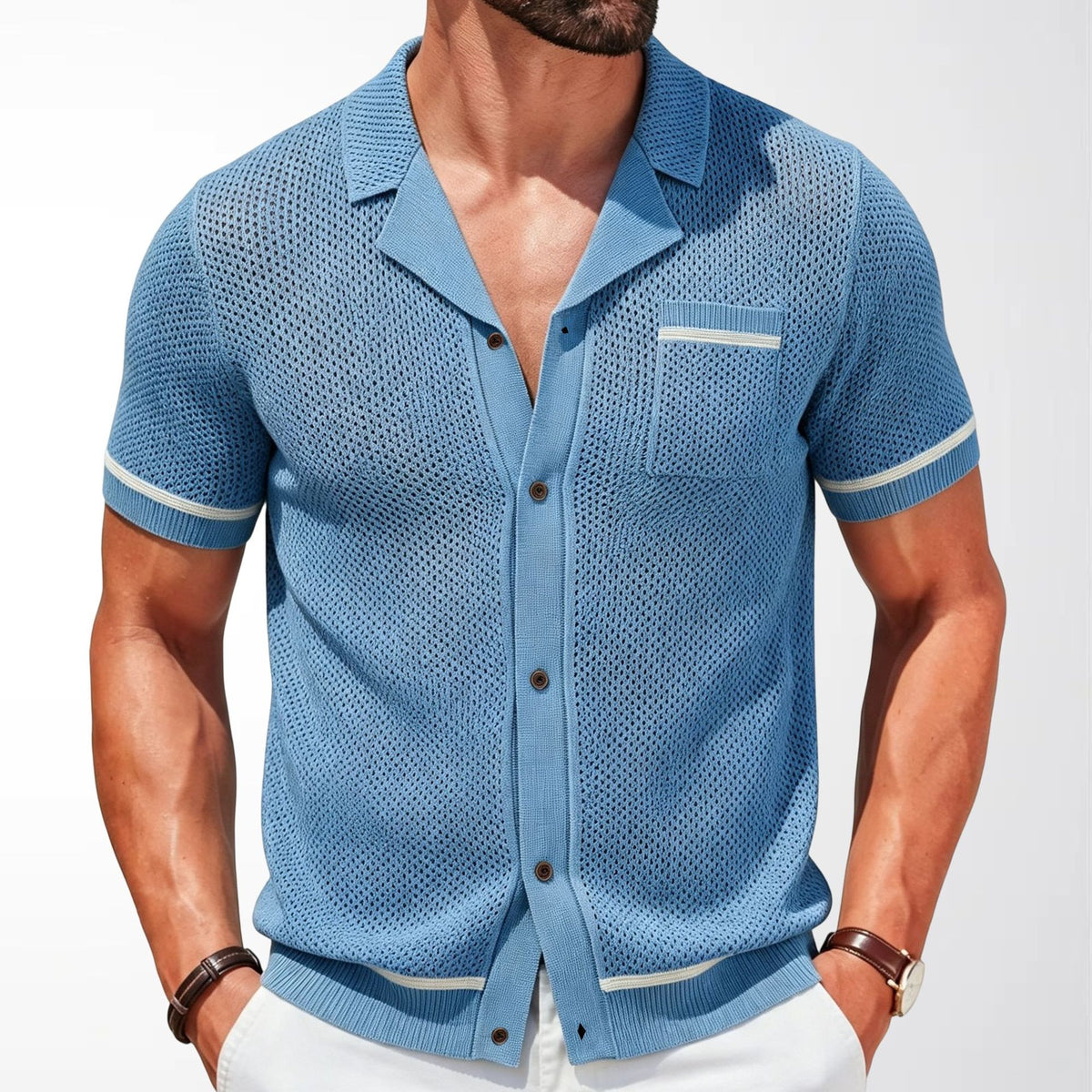 Men's Short-Sleeve Cuban Collar Knit Polo Shirt