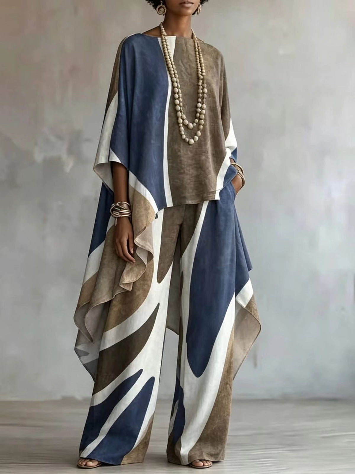 Geometric Print Top and Wide Leg Pants Set