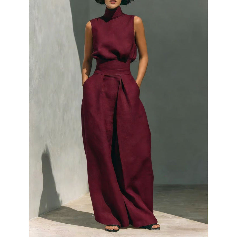 Women's Sleeveless High-Collar Cotton Linen Vest and Wide-Leg Pants Set