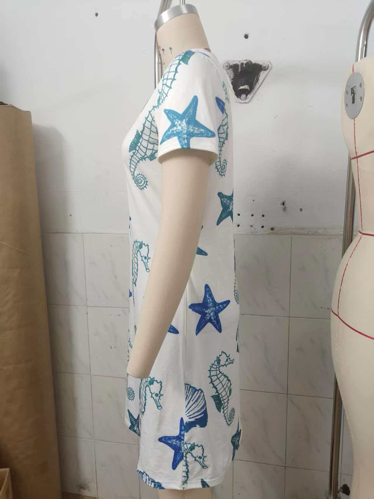 Women's V-Neck Starfish Print Short Sleeve Dress