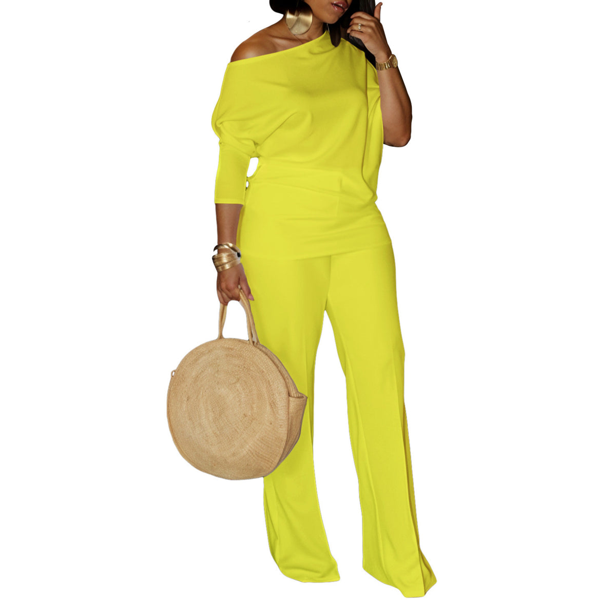 Women's Asymmetrical Neck Top and Wide-Leg Pants Set