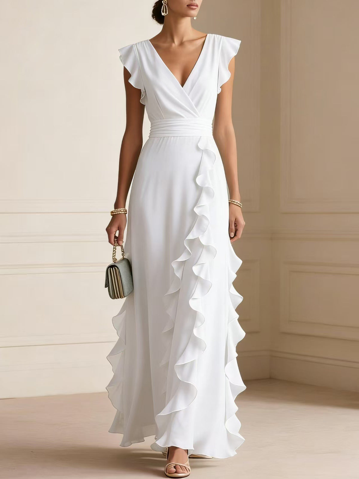 Women's Ruched V-Neck Chiffon Dress