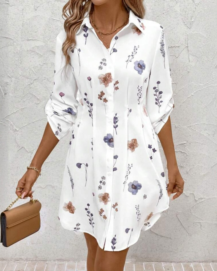Women's Floral Print Lapel Long Sleeve Shirt Dress