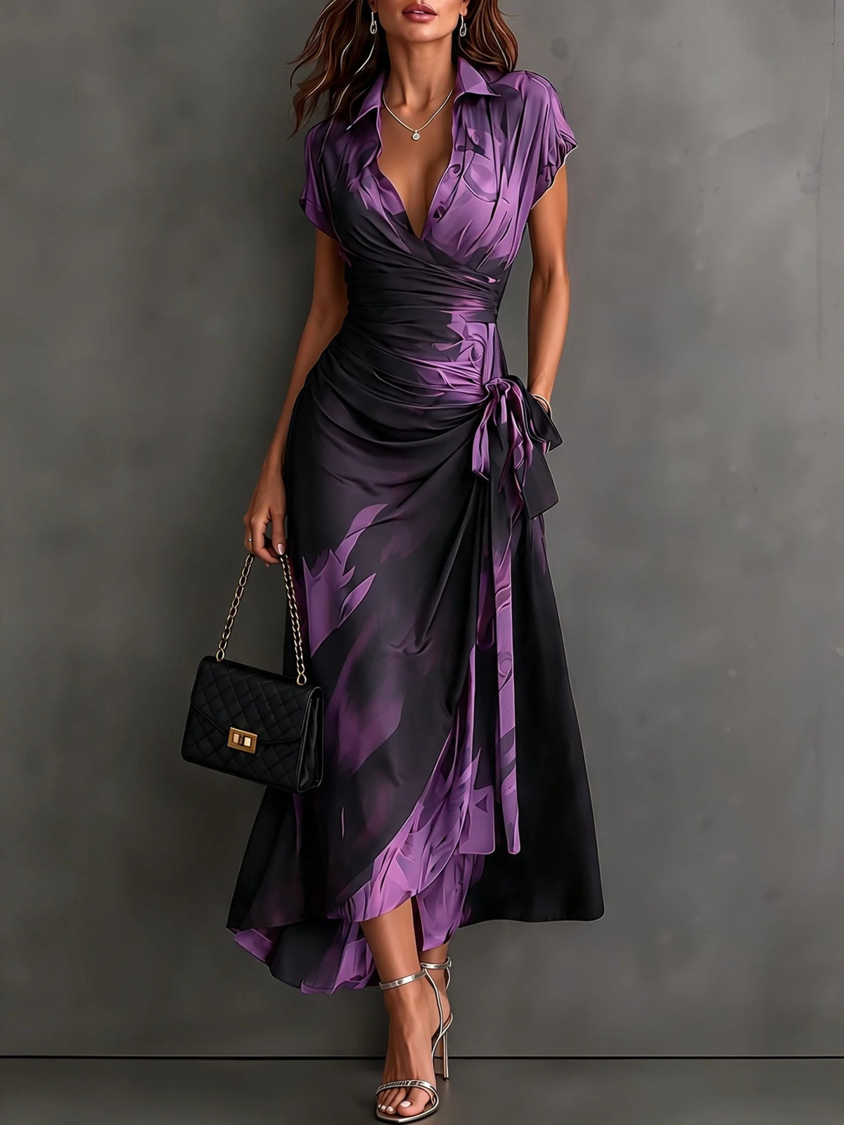 Women's Ink Print Wrap Dress with Collar
