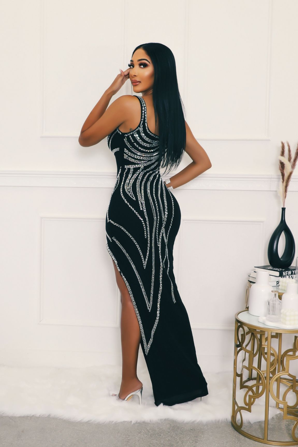 Women's Diamond Detail Slit Elastic Bodycon Dress