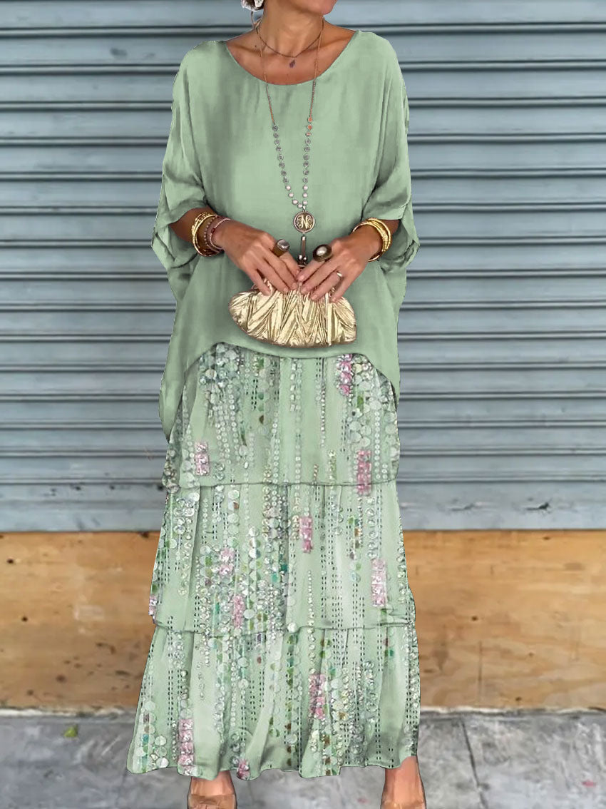 Women's Chiffon Batwing Sleeve Round Neck Long Dress