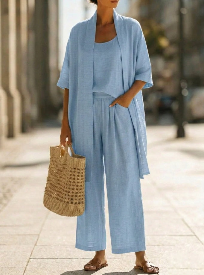 Women's Cotton-Linen Three-Piece Cardigan Set
