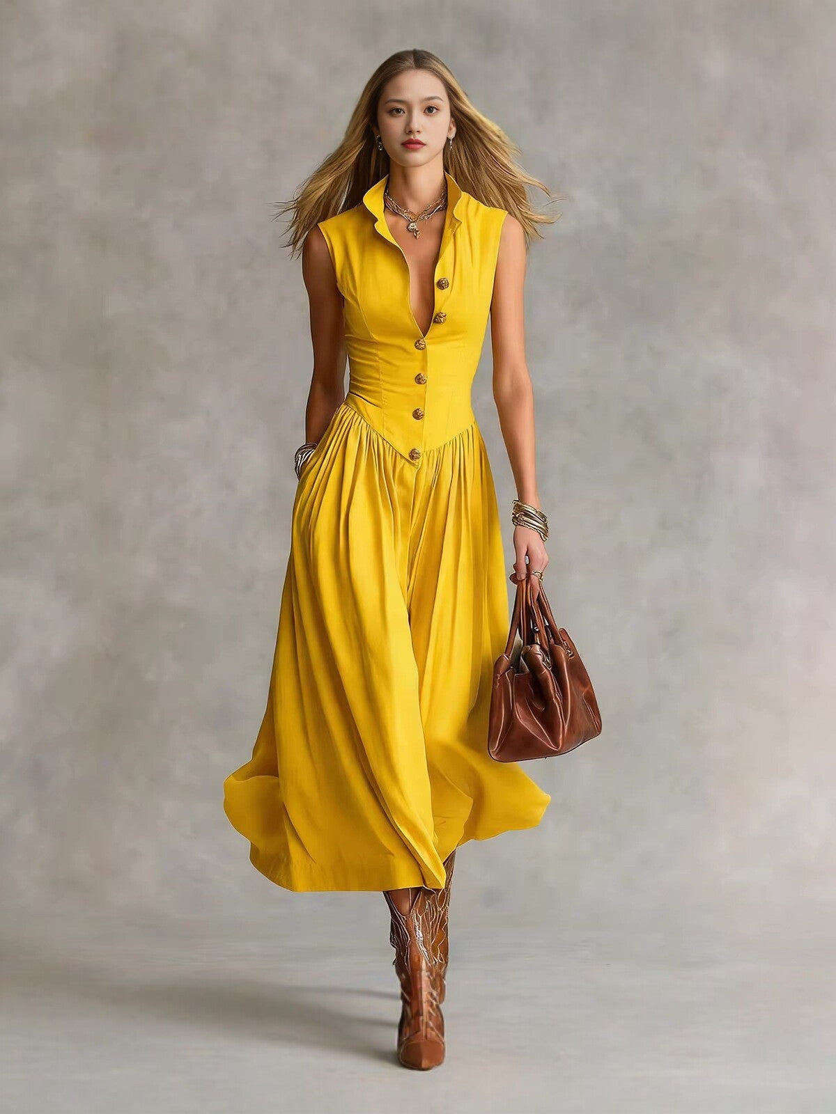 Women's Lapel Sleeveless Long Dress