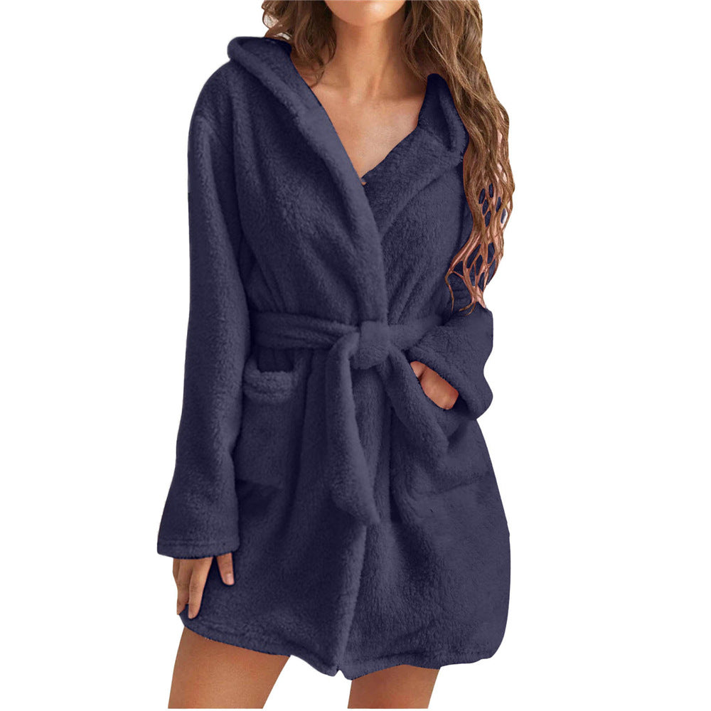 Women's Plush Hooded Bathrobe in Navy Blue