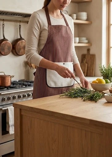 Waterproof Kitchen Apron worn while cooking in a kitchen