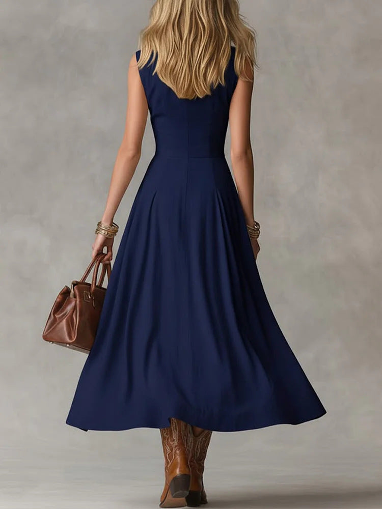 Women's Lapel Sleeveless Long Dress