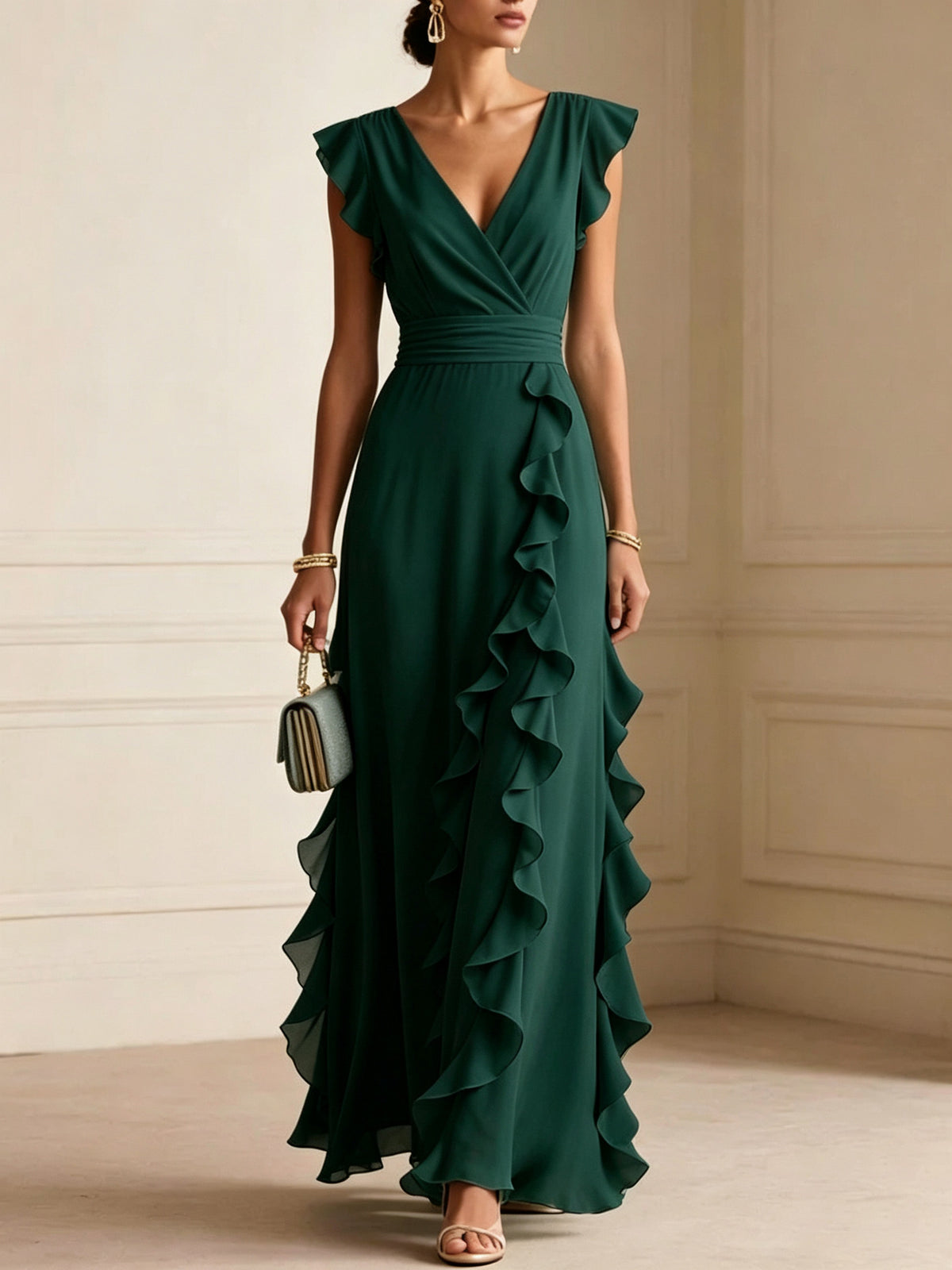 Women's Ruched V-Neck Chiffon Dress