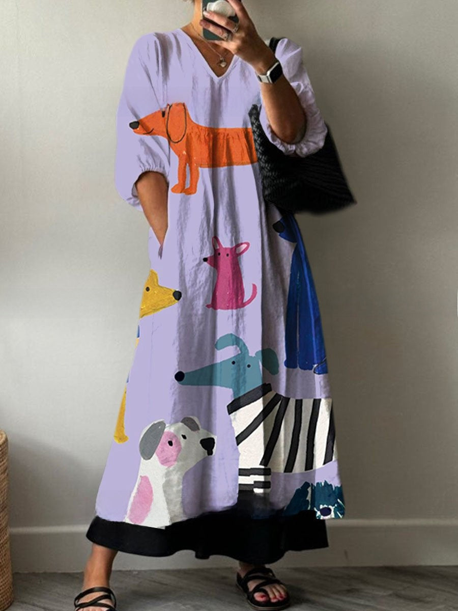 Women's Loose V Neck Long Sleeve Print Dress