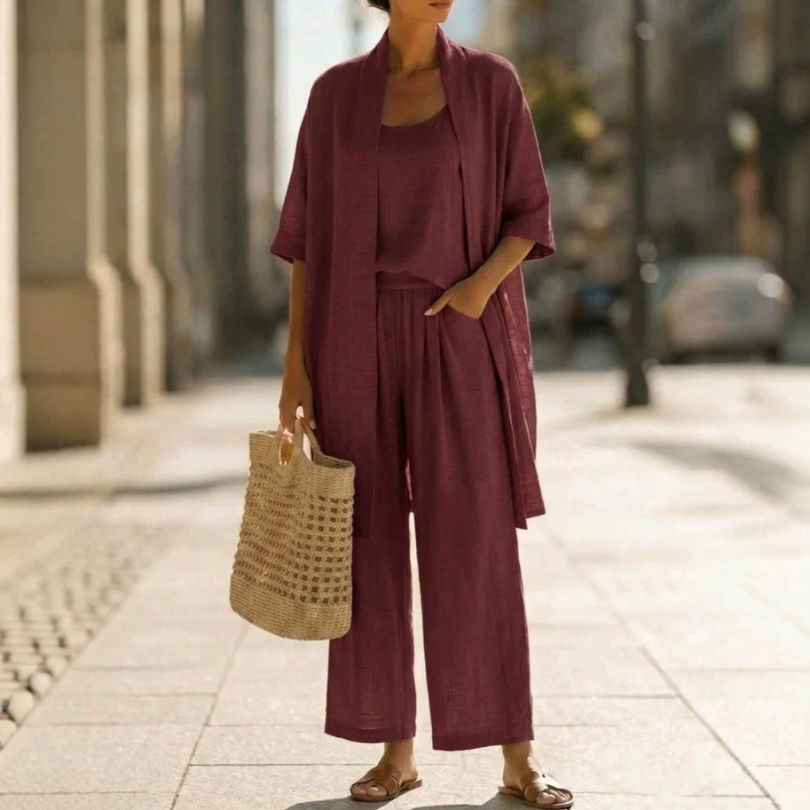 Women's Cotton-Linen Three-Piece Cardigan Set