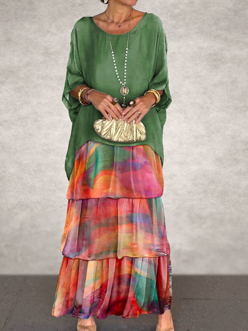Women's Chiffon Batwing Sleeve Round Neck Long Dress