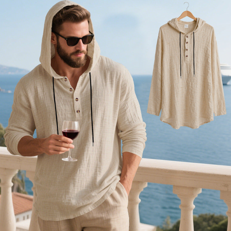 Men's Linen-Blend Hooded Henley Shirt