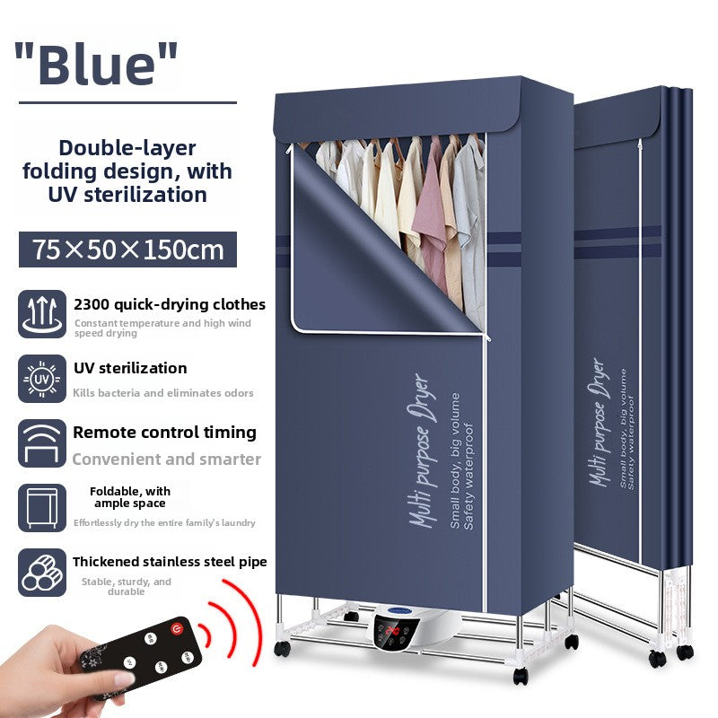 Blue minimal folding clothes dryer with remote control, UV sanitising